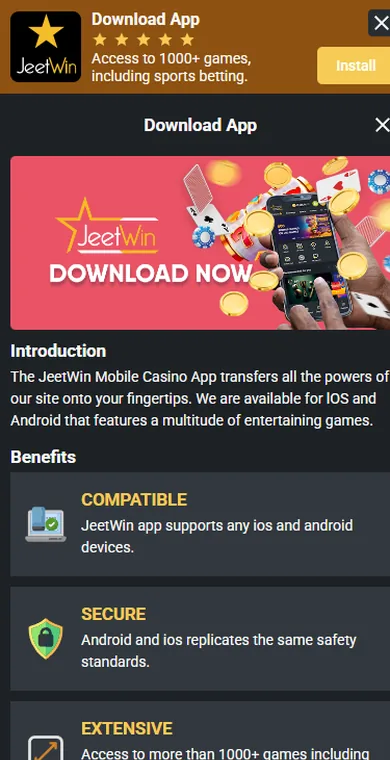 JeetWin download page on a phone with the Install bar at the top