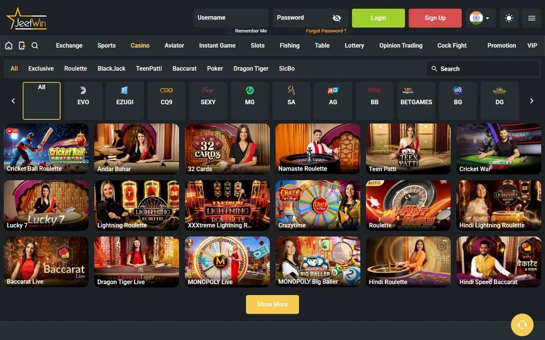 JeetWin live casino lobby with Andar Bahar, Teen Patti, Hindi Roulette and Cricket Ball Roulette tables