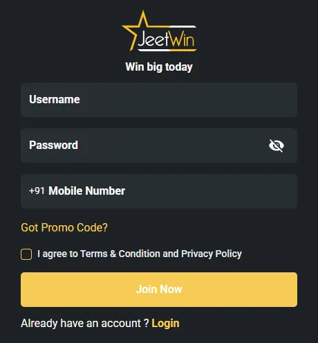 JeetWin registration form asking for username, password and a +91 mobile number