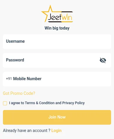 JeetWin registration form on a phone, with the +91 prefix on the mobile number field