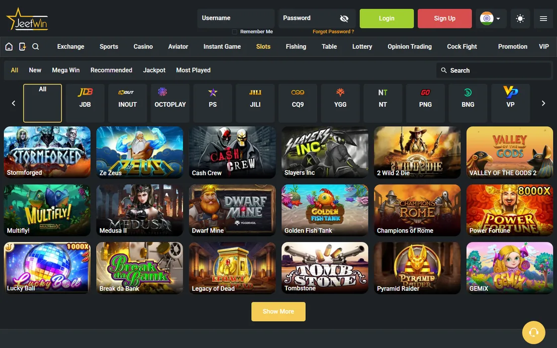 JeetWin slots lobby with the provider filter row: JDB, INOUT, OCTOPLAY, PS, JILI, CQ9, YGG